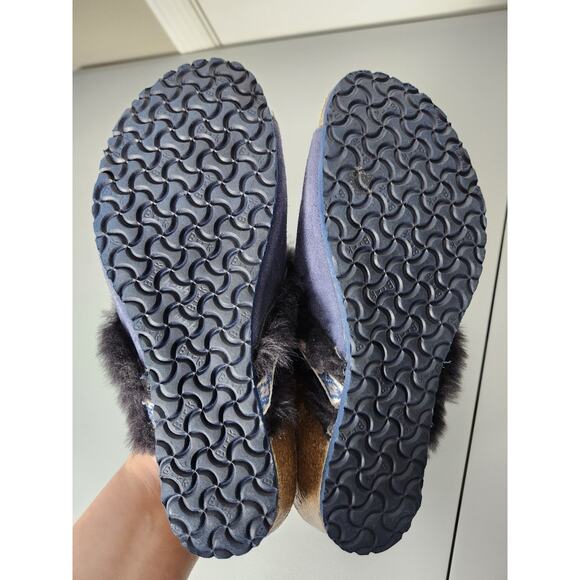 Birkenstock Papillio Amber Wedge Mule Sandals Size 38/ 7 Blue Fur Trim - Picture 5 of 7